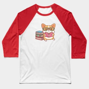 Cute Corgi With Glasses Reading A Book Baseball T-Shirt